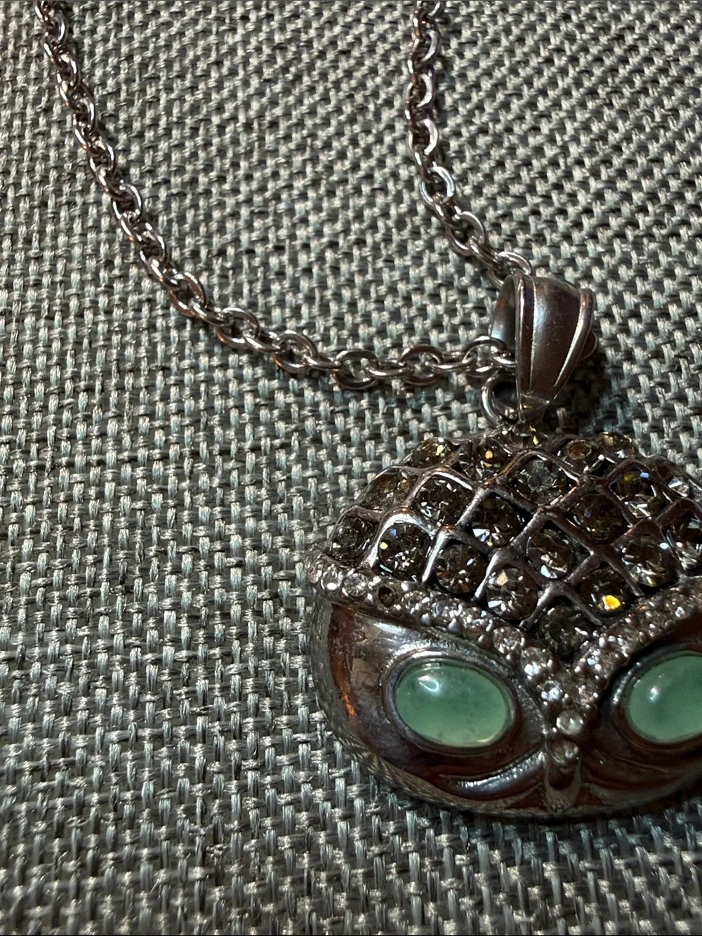 Silver Tone Owl Pendant Necklace and Ring Set with Green Stone Accents